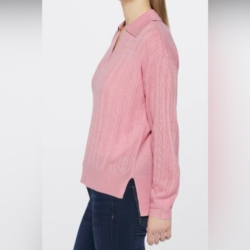 Violets & Roses Calix Collared cable knit v neck Sweater in Zephyr Pink …